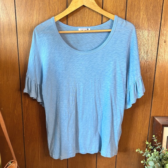 Anthropologie Sundry Women's Blue Ruffle Sleeve T-Shirt Pima Cotton Casual Top - Picture 1 of 5